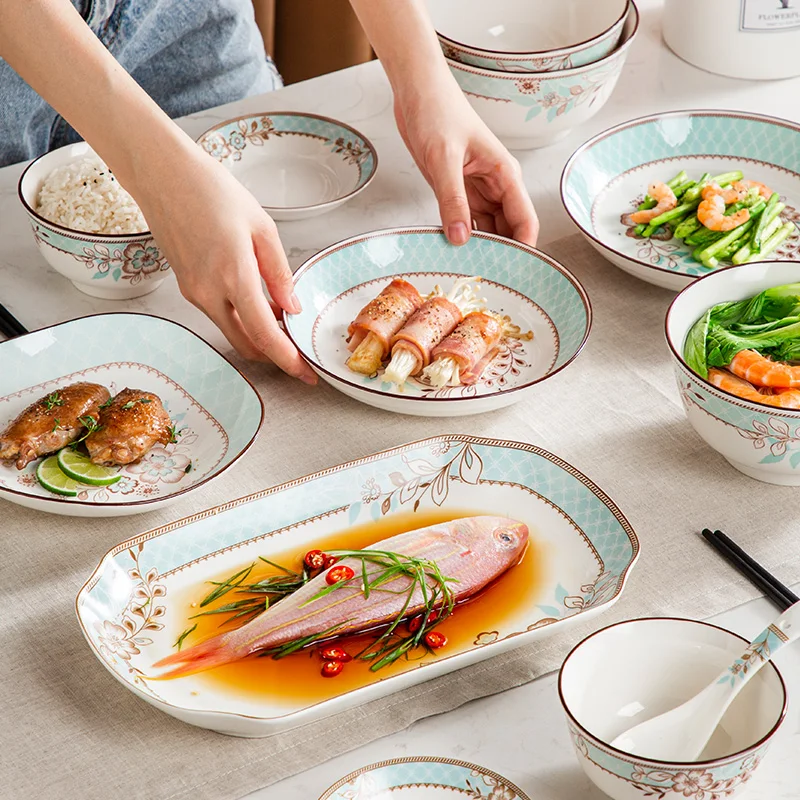 

European tableware household combination ceramic rice soup bowl for one person family bowl, plate, spoon and chopsticks set