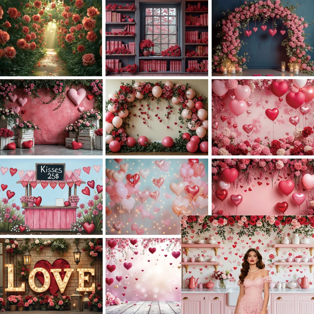 

MOON.QG Dense Floral February 14 Background Rose Garlands Heart Balloons Valentine's Day Backdrops For Photography Maternity