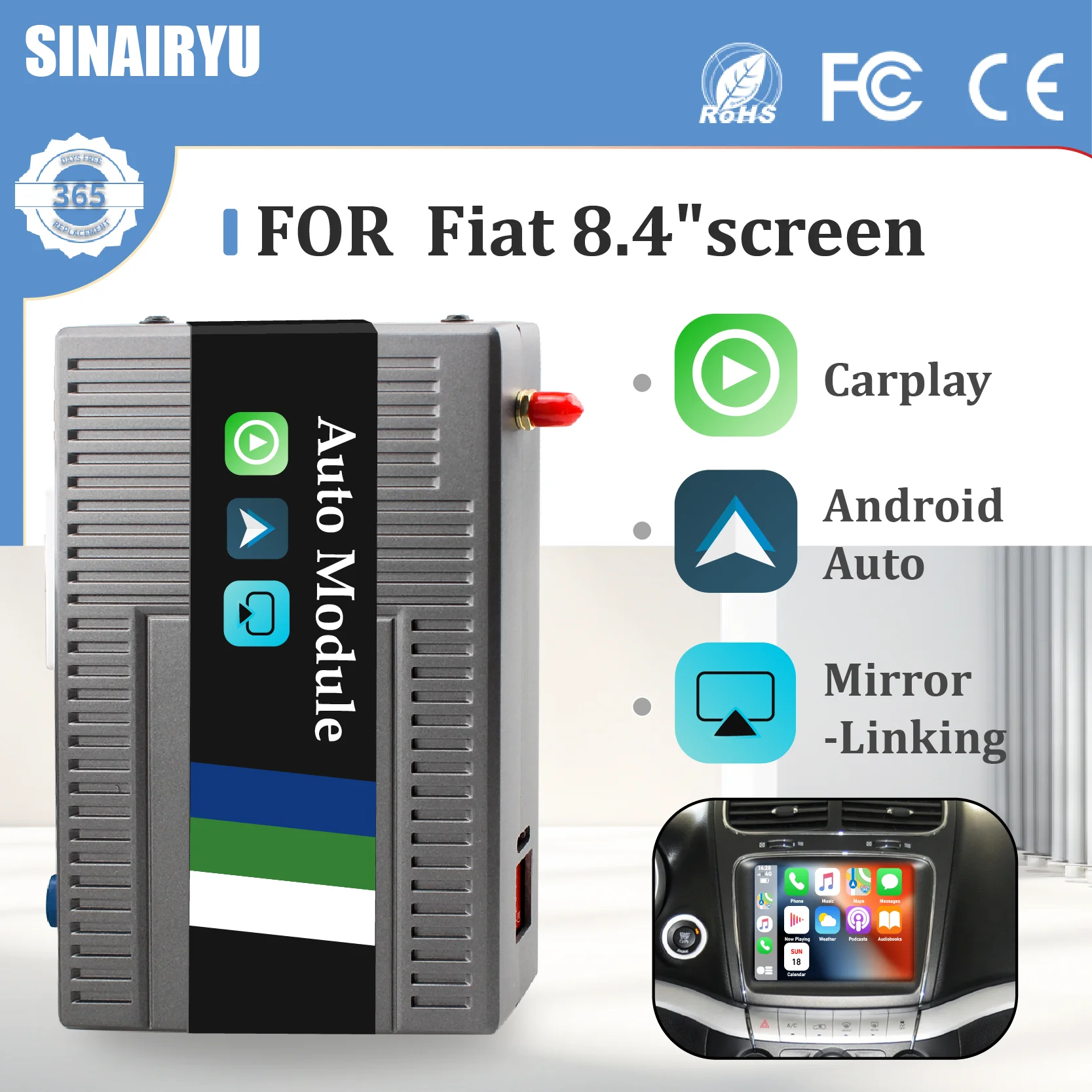 Sinairyu-Apple CarPlay sans fil pour Fiat Freemont, 500, 500X, Grande Punto, Krasno8.4, miroir, Android, Auto AirPlay, boîte de rénovation