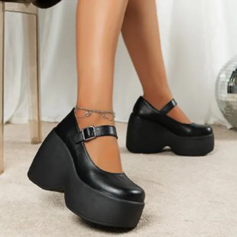 Women\'s Platform High Heels Gothic Lolita New Mary Jane Shoes Casual Woman Heeled Party Wedges Thick Bottom Pumps Black Loafers