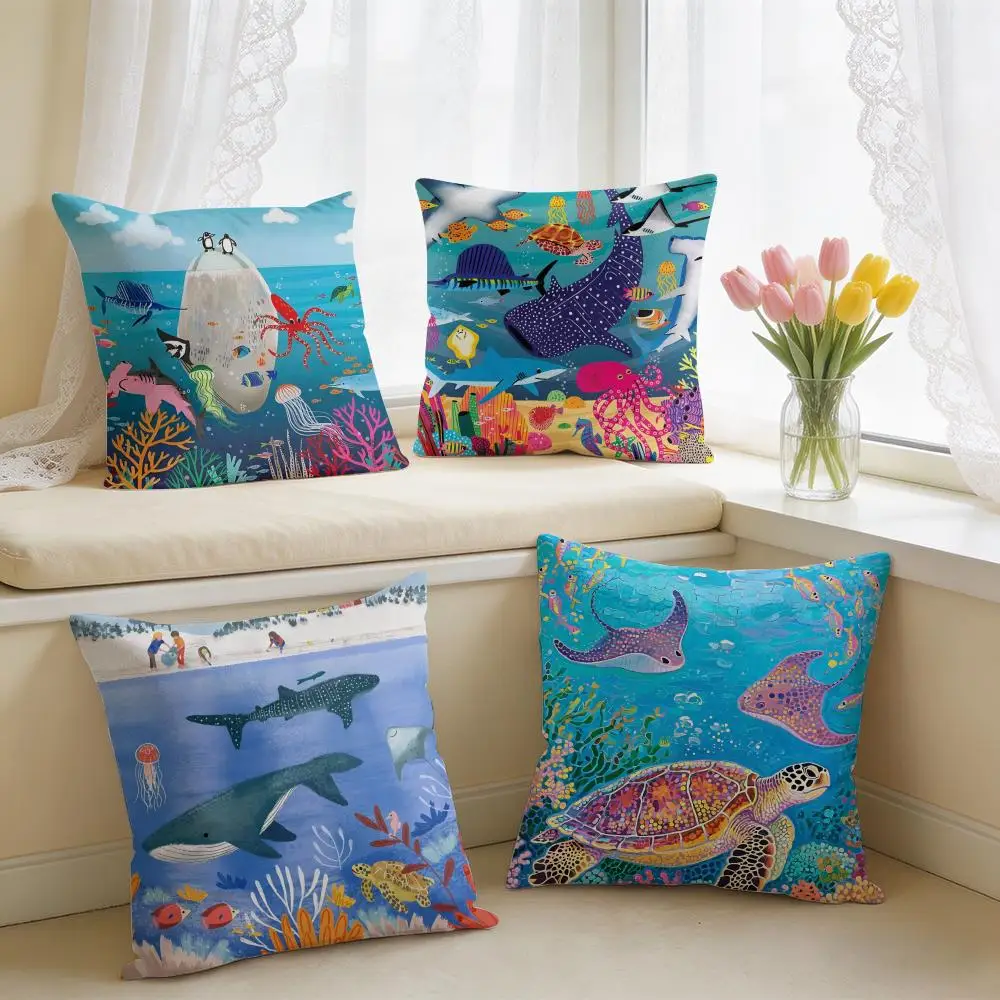 Marine Animals Summer Ins Cushion Cover Square Short Plush Pillow Case Living Room Sofa Home Decor Funda 40X40
