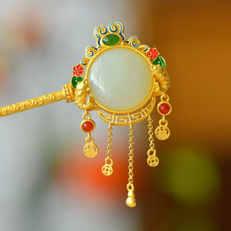 Double Fish tiara Exquisite Ancient Gold Crafts pin Ethnic Style High quality vintage Natural Hetian White Jade hair accessories