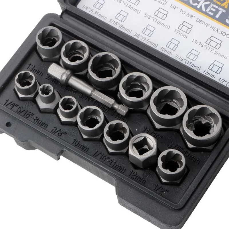 

14pcs Damaged Screw Extractor Drill Bit Set Broken Nut Extractor Bolt Remover Extractor Car Tools Kit 6.35mm -19mm in Tool Box