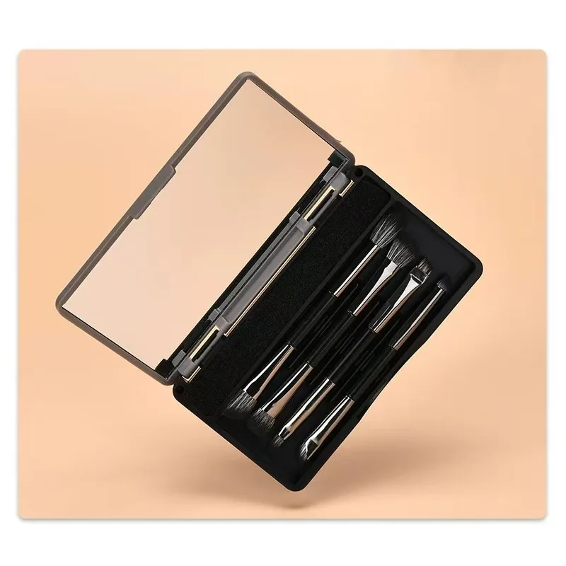 Double Head Makeup Brush with Mirror Mirror Case Eyeshadow Brush Knife Edge Brush Angular Brush Portable Brush Mini Set