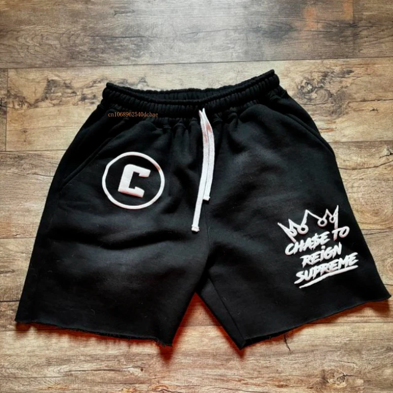 Shorts de algodão com letras estampadas em espuma para homens e mulheres, moletom de tecido espesso, moda de rua, calça casual de cinco minutos, verão americano