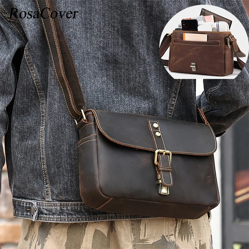 

Genuine Leather Small Messenger Bag for Men Women Casual Travel Shoulder Bags for 9.7inch Tablet Working Crossbody Post Bag