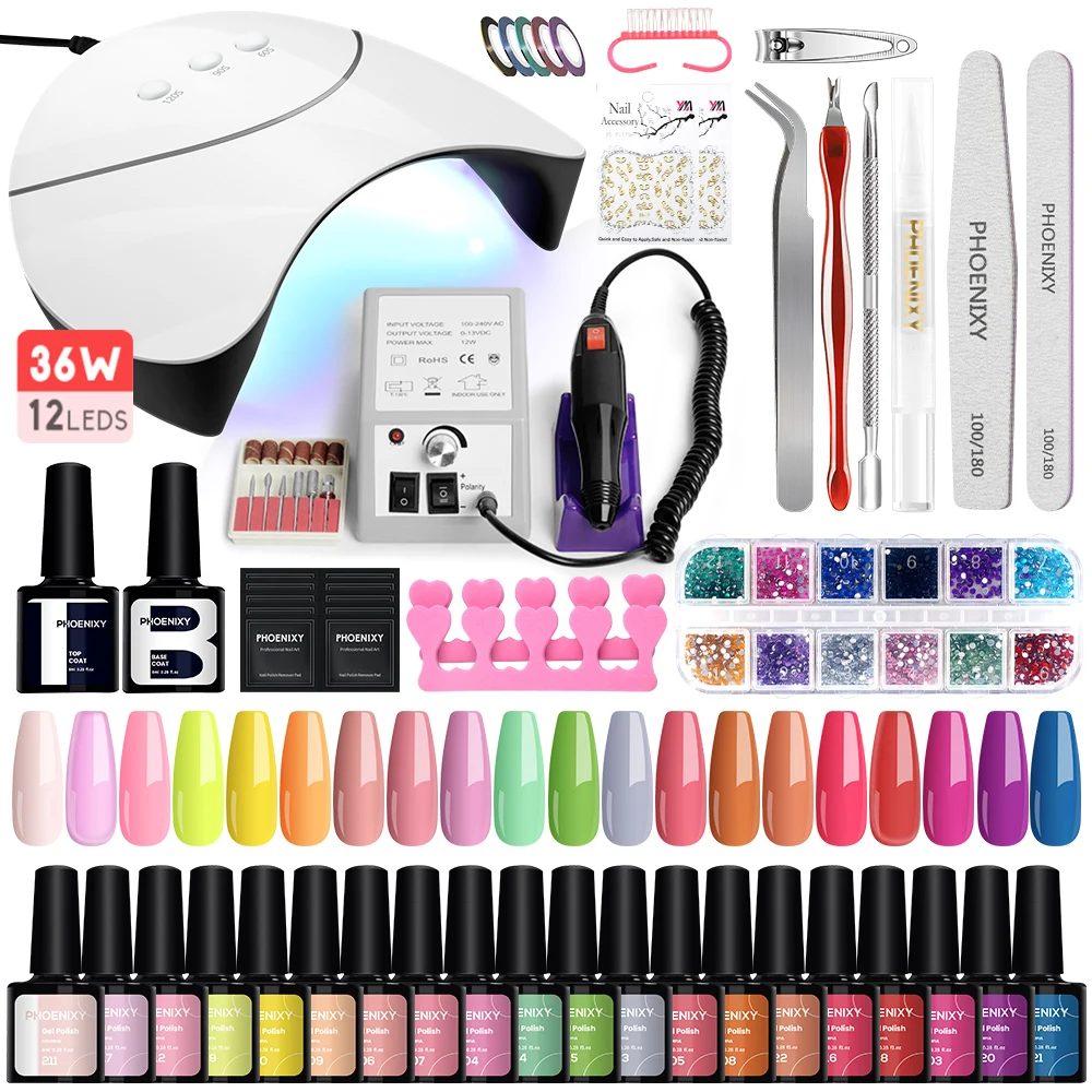 Phoenixy 20pc Gel Nail Polish Set with UV LED Nail Lamp Nail Drill Machine Soak Off UV Gel Varnishes Complete Nail Art Tools Set