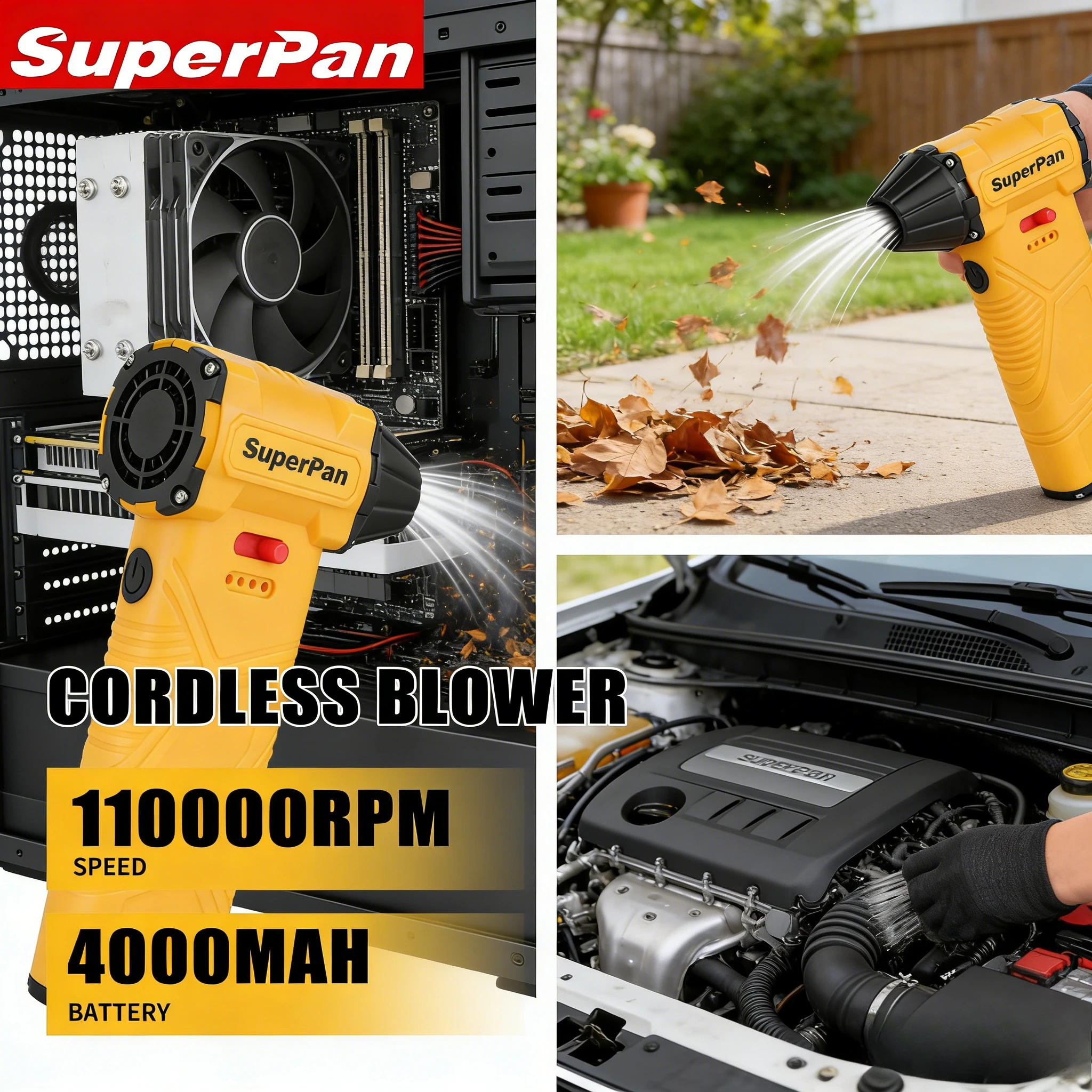 

Супермощный вентилятор SuperPan Jet Fan 18В с бесщеточным двигателем 110000 об/мин, 4000 мАч, 100 г, высоконапорный, литиевый, для уборки листьев и мусора с сада и балкона