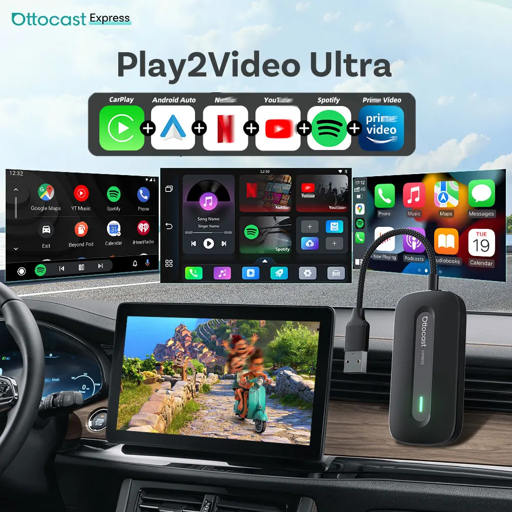 

2025 Play2video Ultra Express Car TV Box Wireless CarPlay Android Auto Adapter Built for Netflix App for Wired CarPlay Vehicle