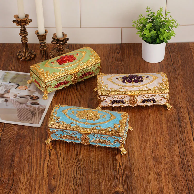 

Luxury Jewelry Box With Rose Pattern Vintage Rectangle Metal Storage Box For Ring Earrings Necklace