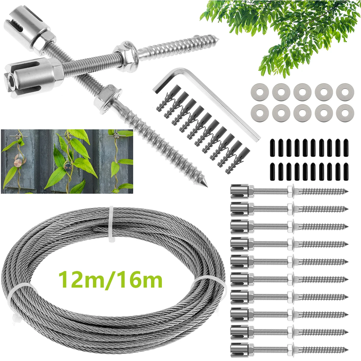 Wire Trellis for Climbing Plants Outdoor Stainless Steel Wall Trelli Kit Cross Head Cable Clip Replacement Espalier Cable 12/16m