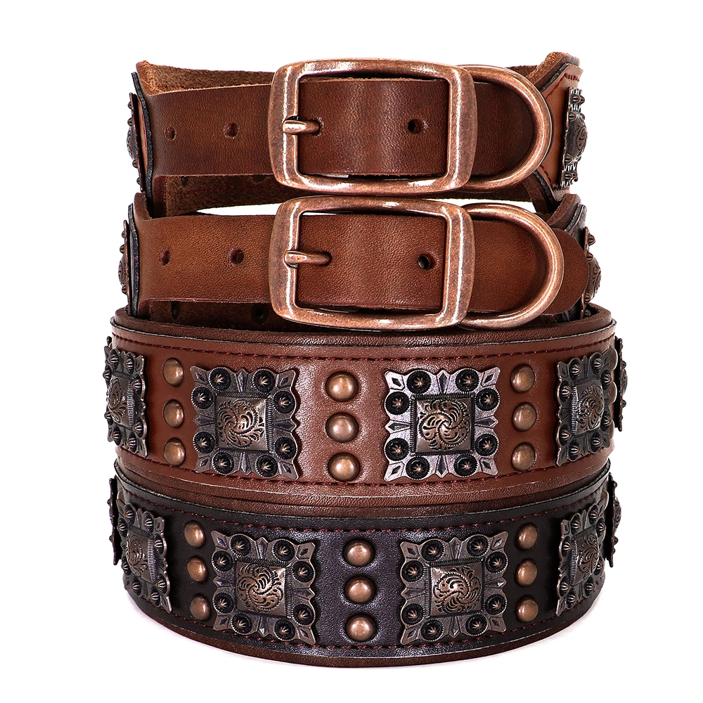 Durable Real Leather Dog Collar High Quality Big Dog Collars With Metal Spikes Rivet Strong For Medium Large Dogs French Pitbull