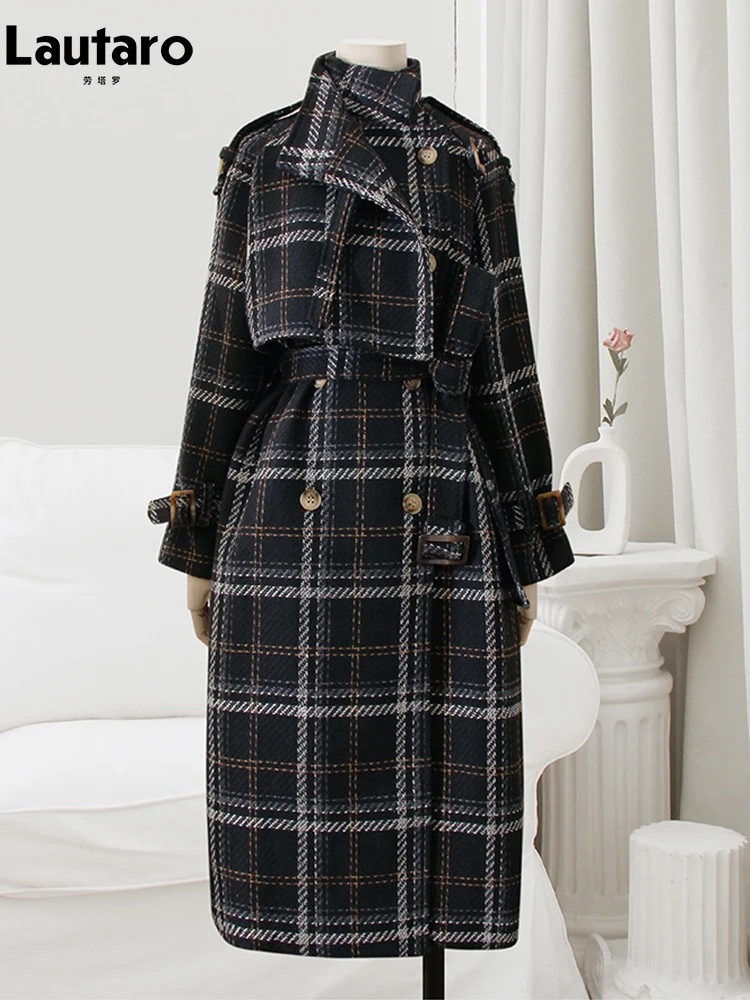 Lautaro Autumn Winter Long Loose Warm Plaid Wool Blends Trench Coat for Women Raglan Sleeve Belt Double Breasted Woolen Overcoat