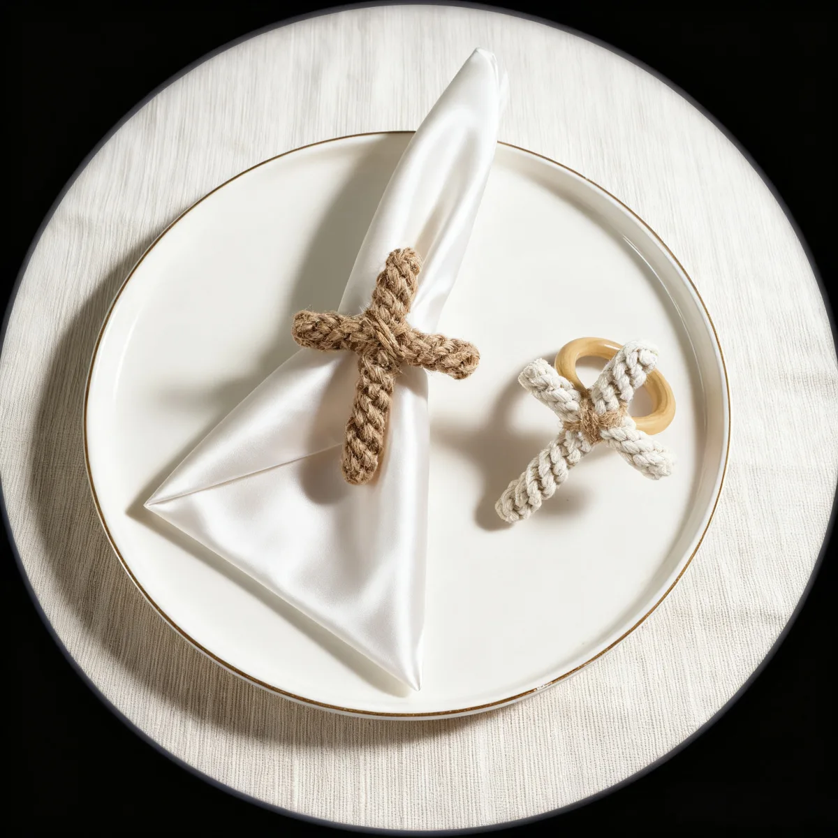 Bohemian style napkins with cotton and linen rope, hand woven cross napkins with loop buckles 6pcs