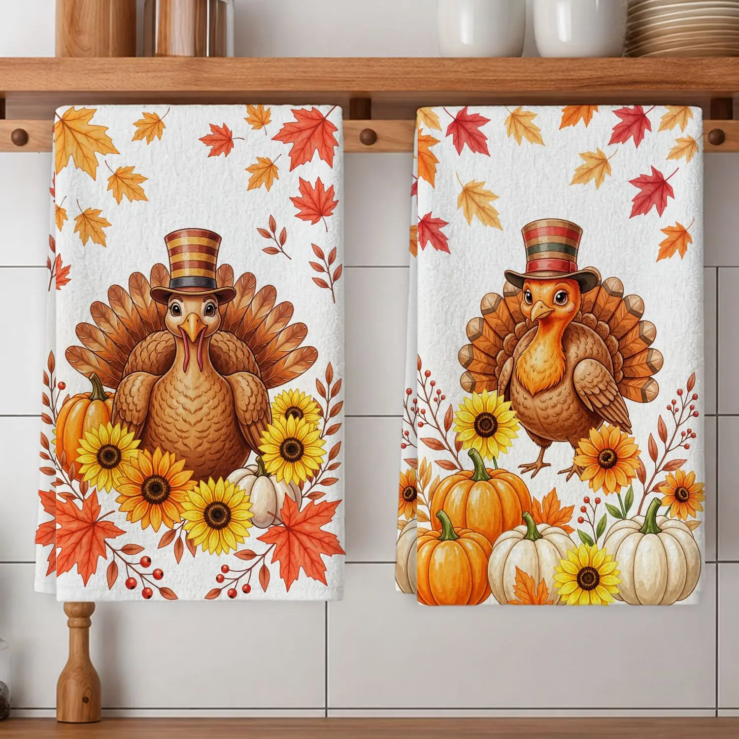 2-Pack Thanksgiving Turkey Pumpkin Kitchen Towel, Autumn Maple Leaf Sunflower Pattern Hand Towel Dish Towel