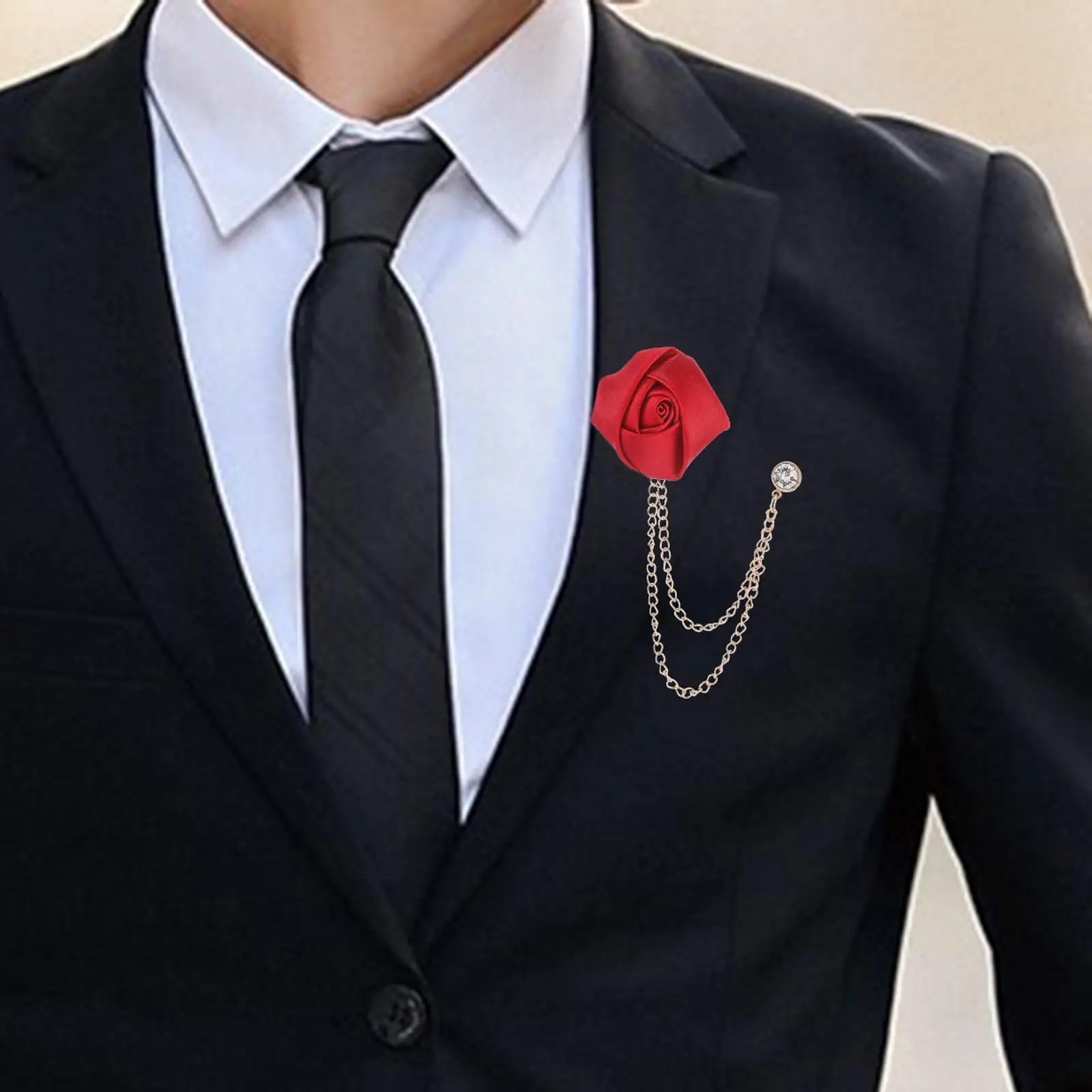Rose Flower Tassel Brooch Pin for Men Suit Wedding Party Chain Collar Coat Corsage Gift for Husband Father Friend