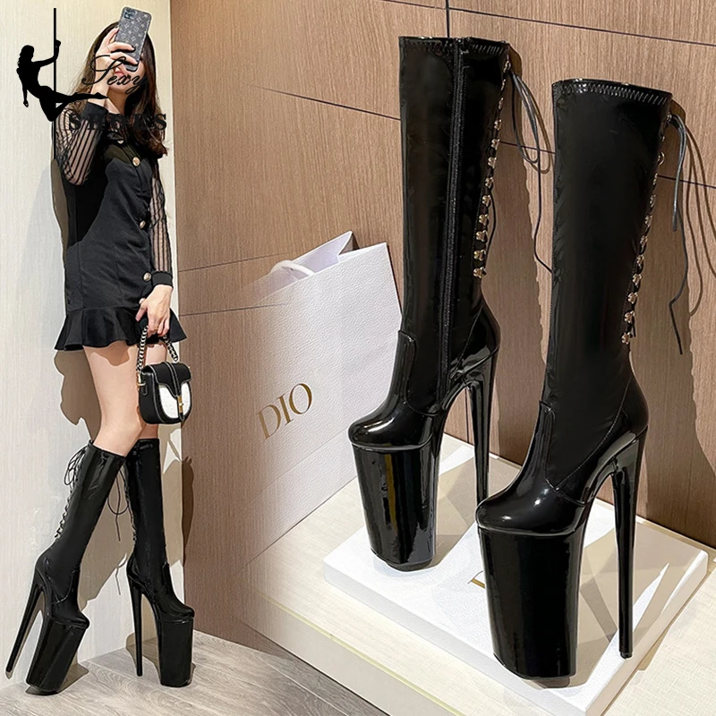 Women Knee-High Boot Super High Heel 26CM Nightclub Knee Boots Women Strappy Zipper Round Toe Booties Strippers Dance Model Shoe