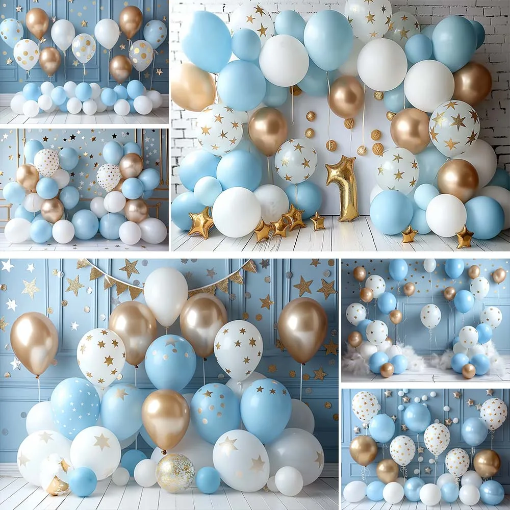 

Mocsicka Boy 1st Birthday Portrait Photography Background Balloons Stars White Floor Baby First Cake Smash Party Decor Backdrops