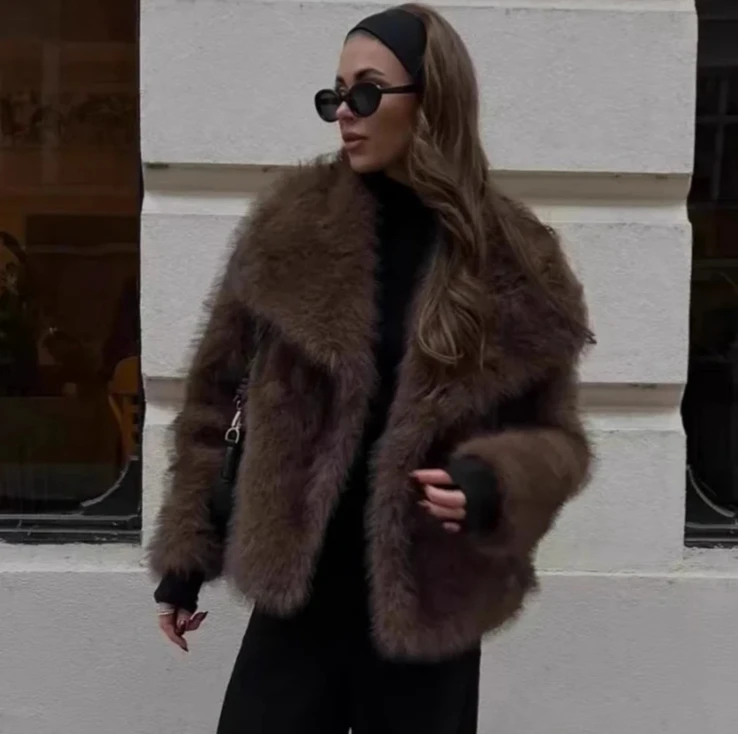 2025 Women's Faux Fox Fur Coat Brown Black Tip Large Lapel Collar Versatile Jacket Luxury Winter Outerwear