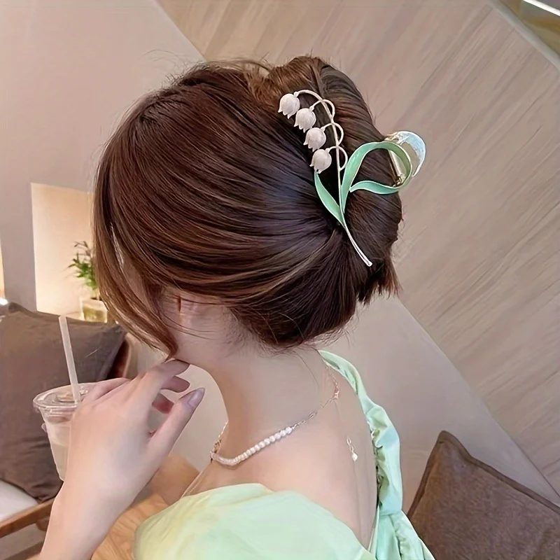 1 Stück Glockenorchideen-Blumen Haarschmuck mit Feenhaftem Charme, Großer Premium-Haarklammer mit Kratzschutz, Herbstliche Haifischklammer – Detail 1