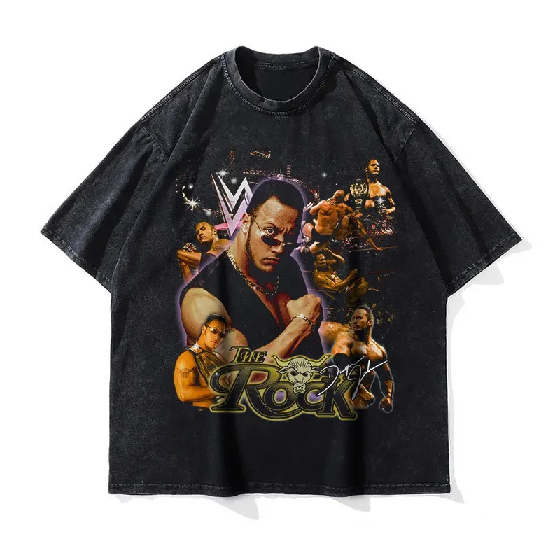 The Rock T Shirt Dwayne Johnson Tops Tees Vintage Washed Short Sleeve Old School Style Oversized T-shirt Streetwear Men Cotton