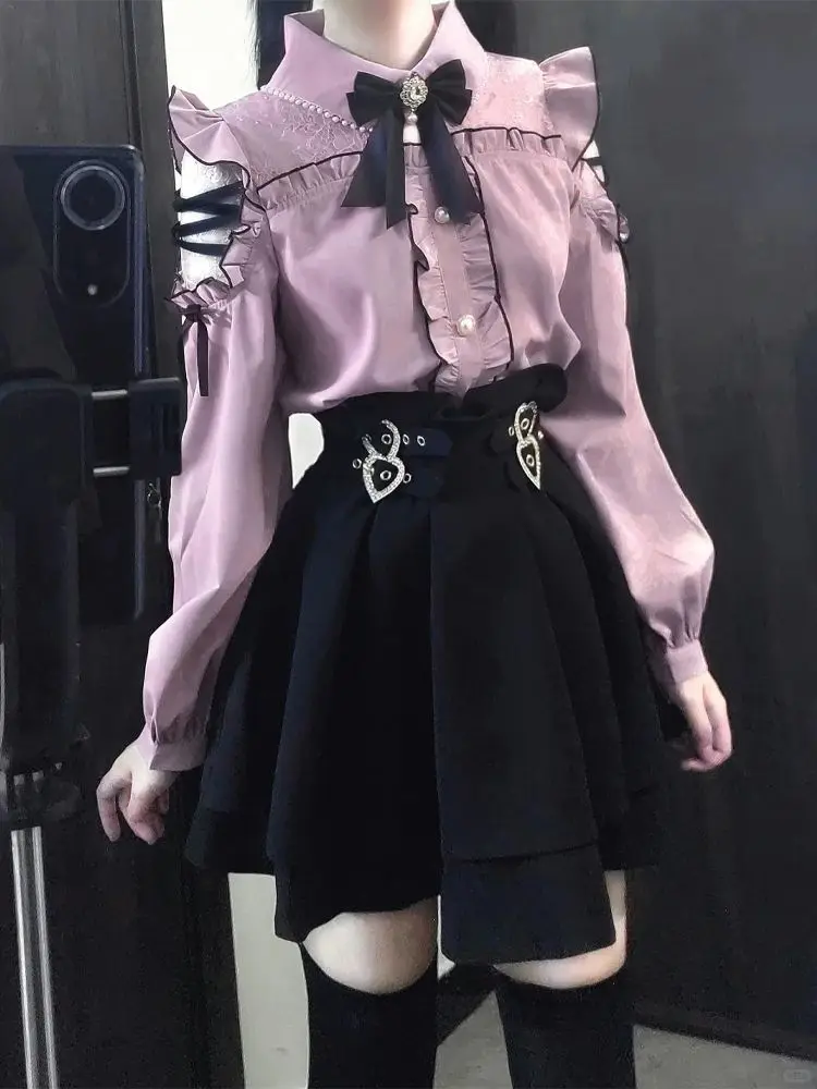 

Harajuku Lace Patchwork Bow Pink Purple Shirt Women+ Black Adjustable High Waist Skirts 2025 Spring Autumn New Two Piece Sets