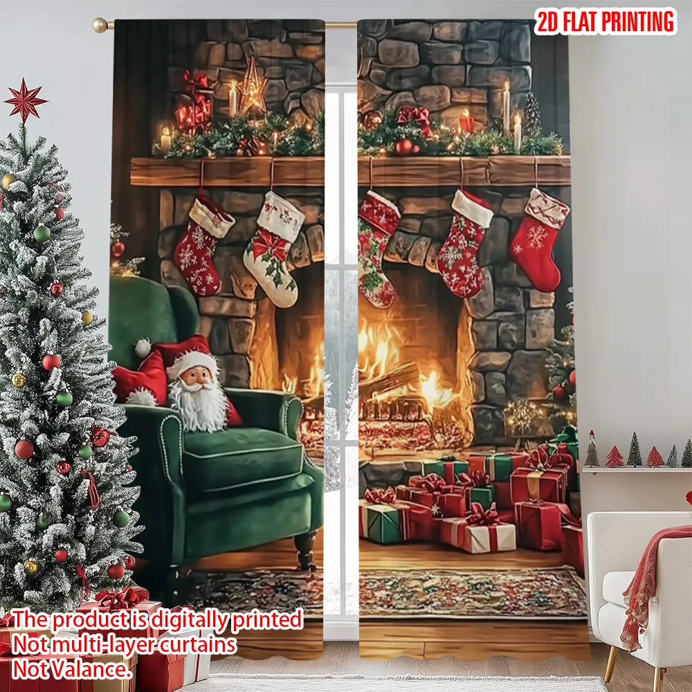 

2pcs 2D flat printing Merry Christmas Window Curtains Comfortable Christmas Durable Polyester Without Electricity Festive