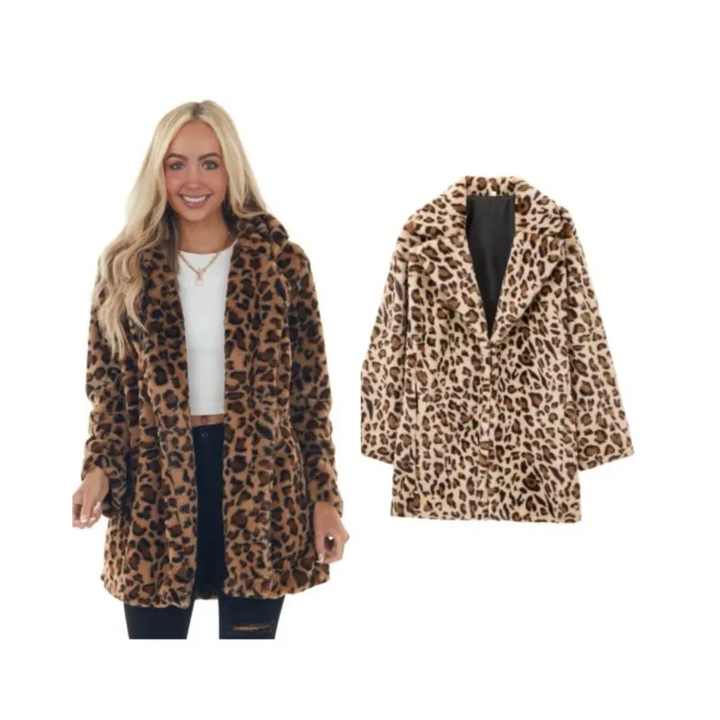 

Women Animal Print Faux Fur Jackets Winter Turn Down Collar Long Sleeve Fashion Causal Loose Versatile Jacket Female Coats