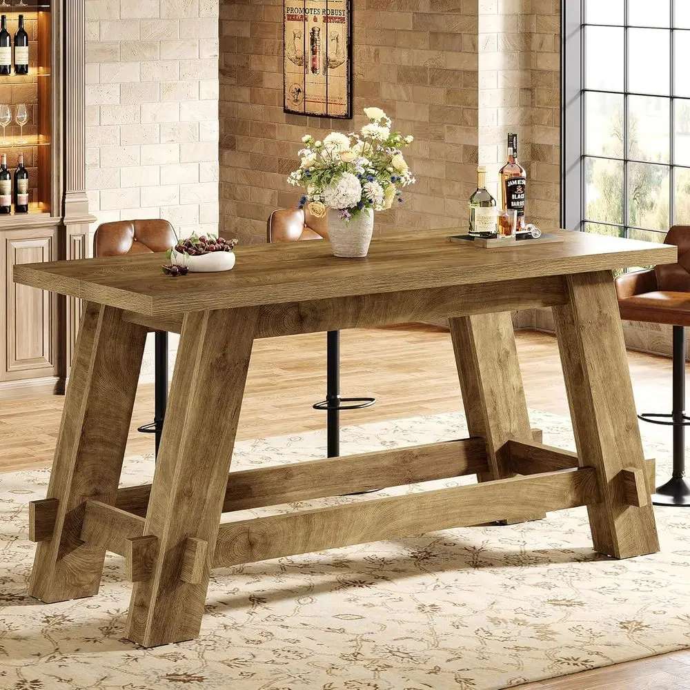 

63 Rustic Brown Counter Height Pub Table with Footrest, Ideal for Home Bar, Dining, and Entertaining