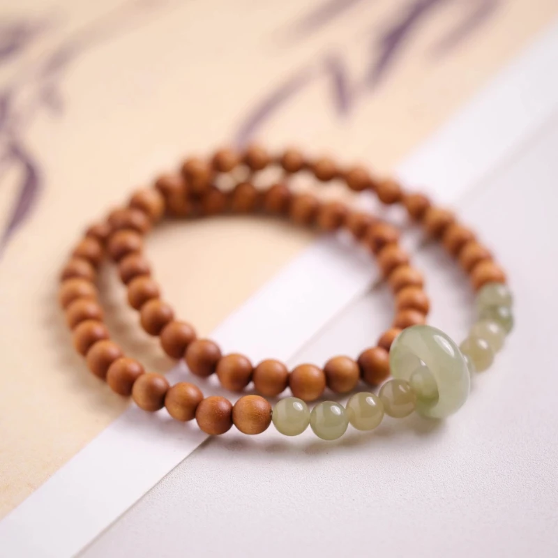 Bracelet Green Pendant Ebony Hetian Jade Double Ring Ornament  National Style Simple Fashion All-Match Men and Women Same Style