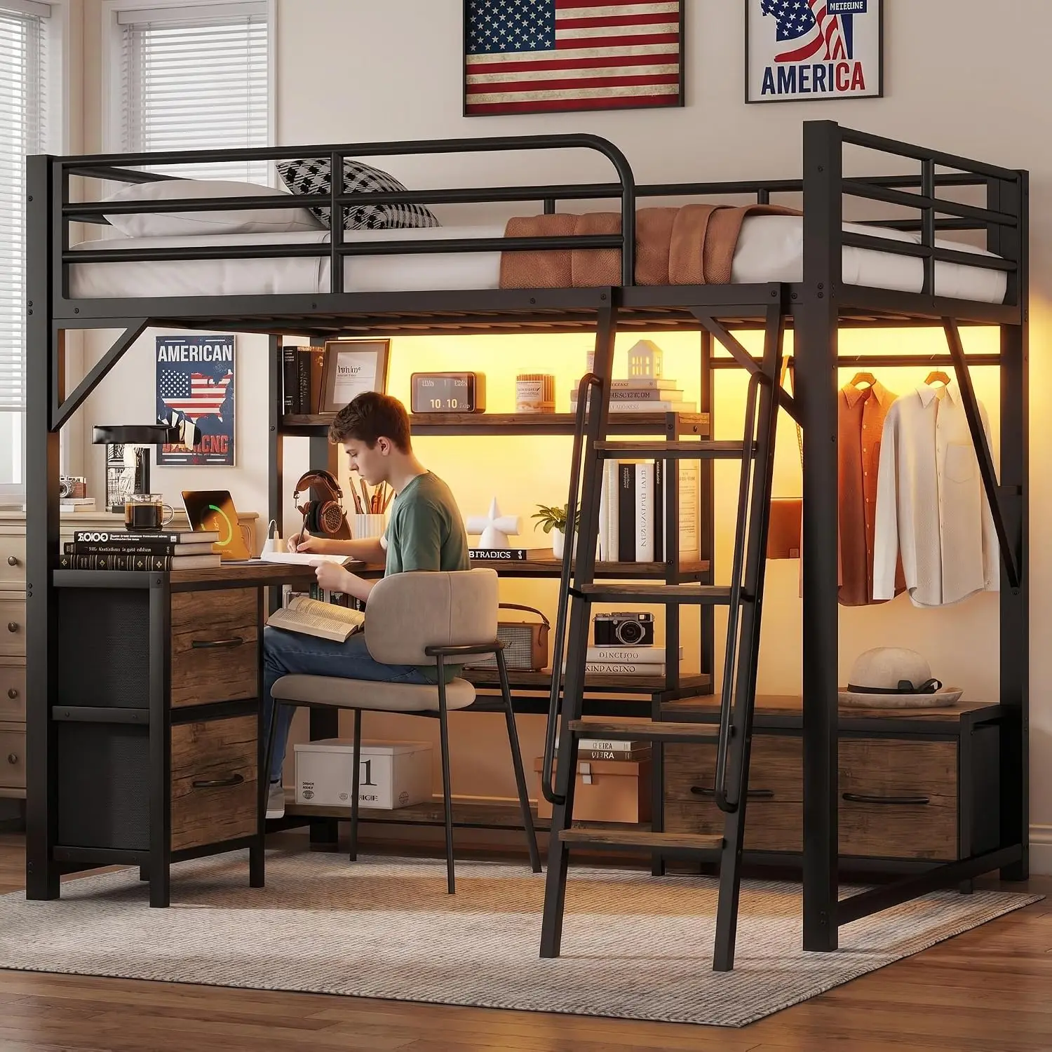 Full Size Loft Bed with Desk & Storage Drawers/Shelves, Metal Loft Beds Frame with RGB LED Lights, Charging, Customized