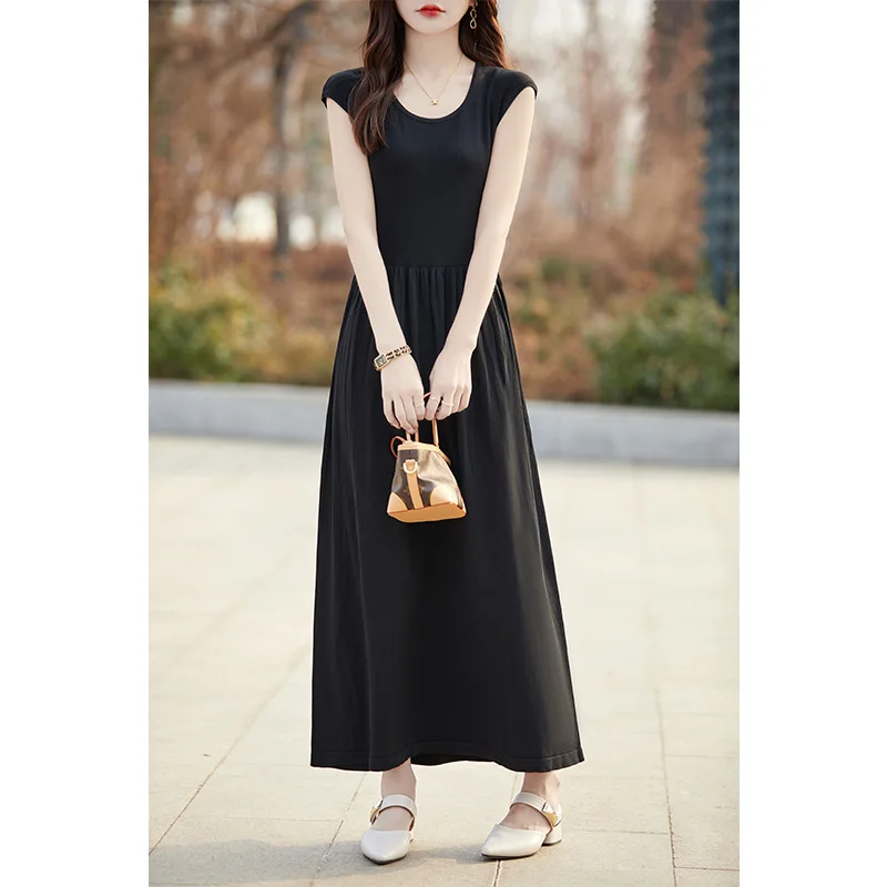 

U-Neck Ice Silk Dress Women's Summer Slim Fit Solid Color Thin Style French Fashion Flying Sleeved Long Skirt