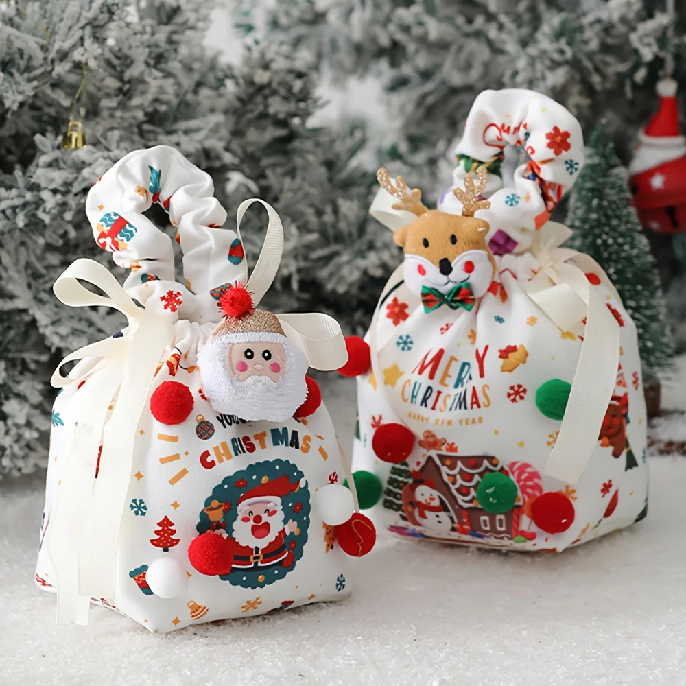 قطعة واحدة من أكياس هدايا عيد الميلاد مع إغلاق برباط - أكياس هدايا لحفلات الأعياد قابلة لإعادة الاستخدام مع سانتا ورجل الثلج ومنزل خبز الزنجبيل