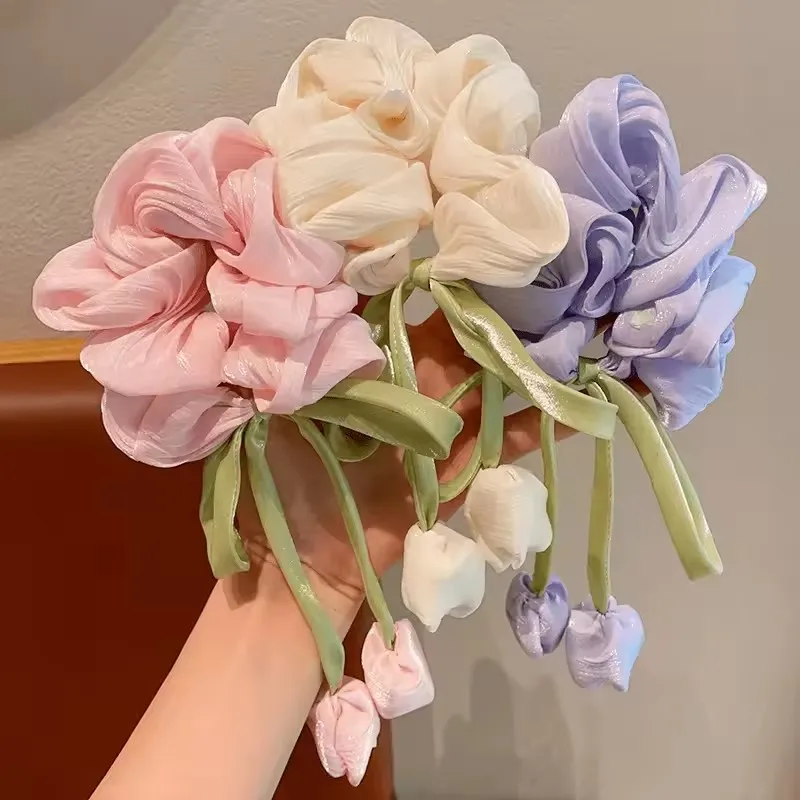 

3Pcs Cute Tulip Flower Large Intestine Scrunchie for Women Sweet Headband Hair Band Hair Tie Fashion Girl Hair Accessories