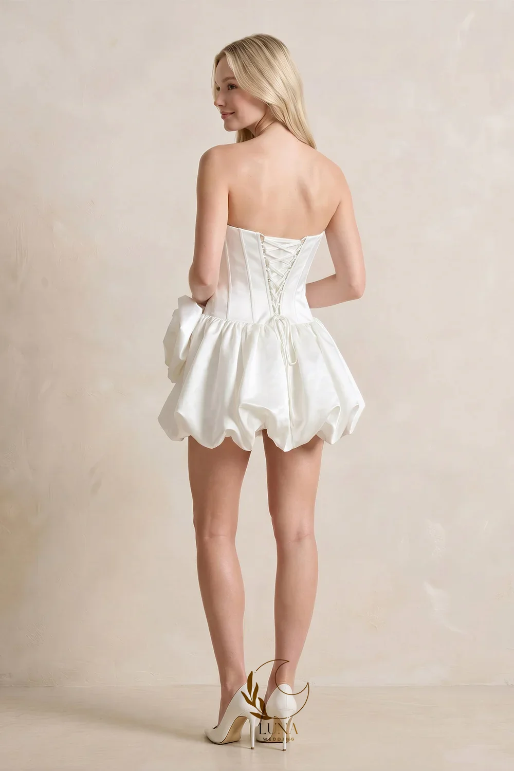 Luna Customized A-Line Satin Strapless Mini Ruched Wedding Dress Bridal Wedding Prom Gown Beach Party Vestidos De Novia