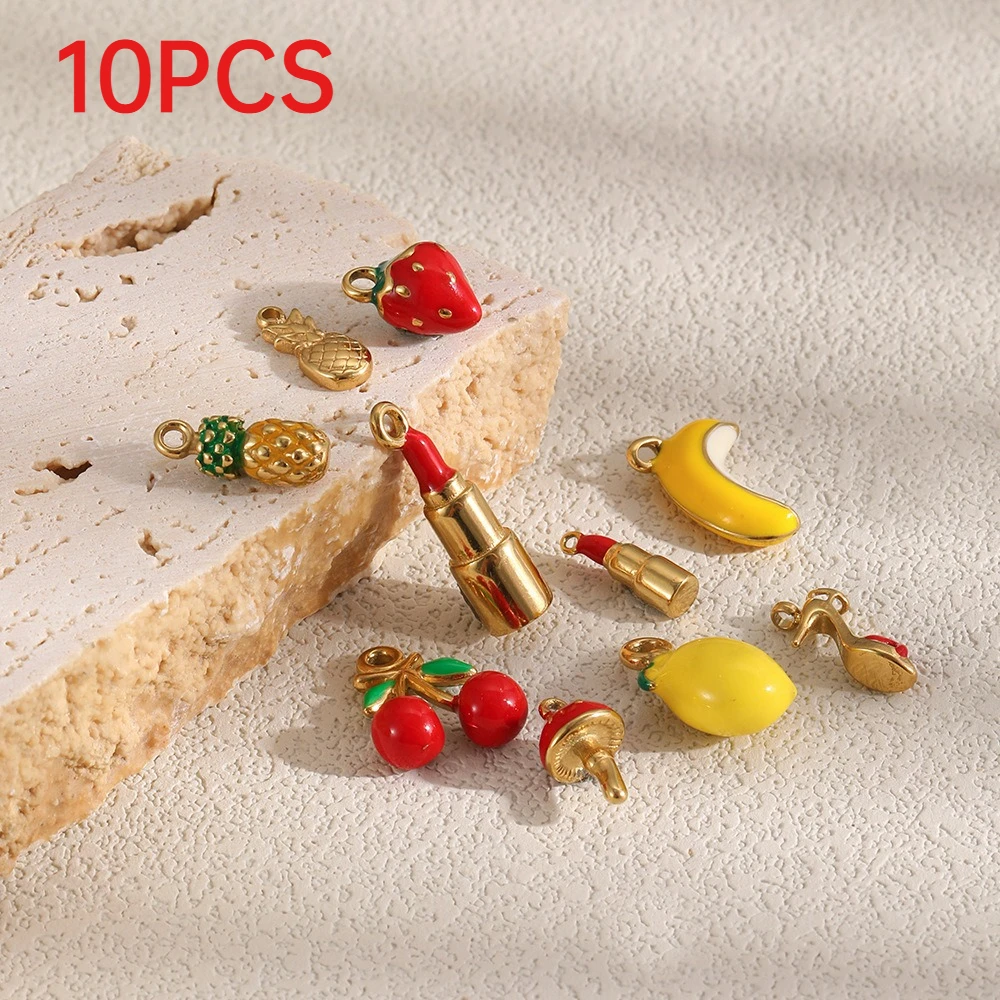 10Pcs Niche DIY Jewelry Charms Stainless Steel Fruit Enamel Lipstick Cherry Strawberry Pendants