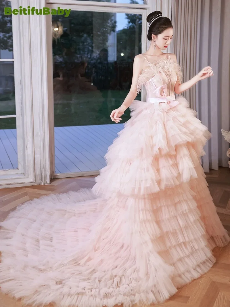 

BeitifuBaby Princess Style Evening Party Dresses for Women Wedding Party Sling Lace Tiered Swing Cake Dubai Ball Gown Vestidos