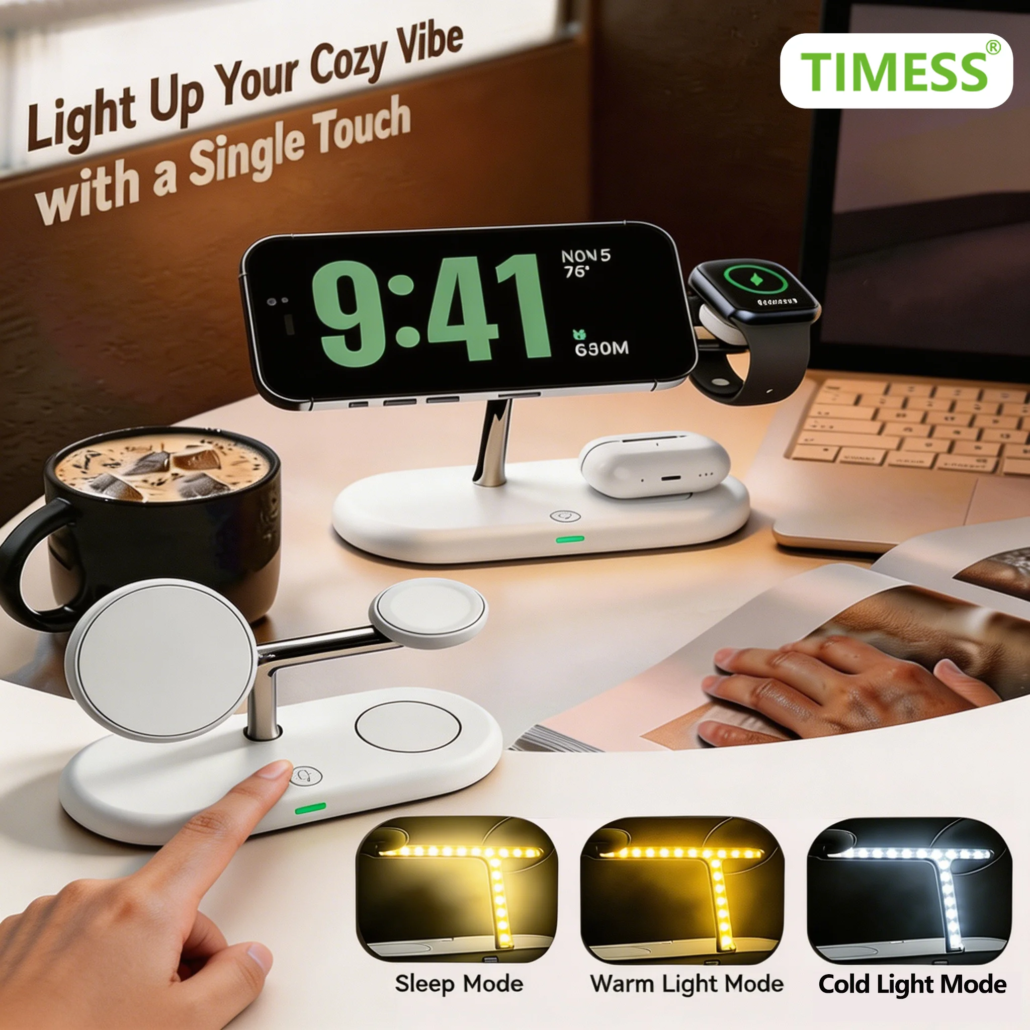 TIMESS NIGHT LIGHT Wireless Charger For iPhone17 16 15 14 PRO MAX For Airpods Pro For Apple Watch 3 in 1 Charging Station Stand