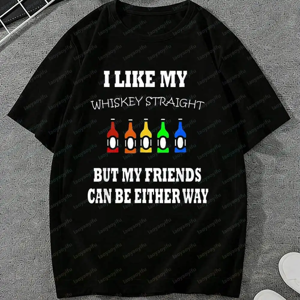 LGBT I Like My Whiskey Straight But Friends Either Way T-Shirt Funny Pride Rainbow Print Cotton for Men LGBTQ+ Ally Graphic Tops