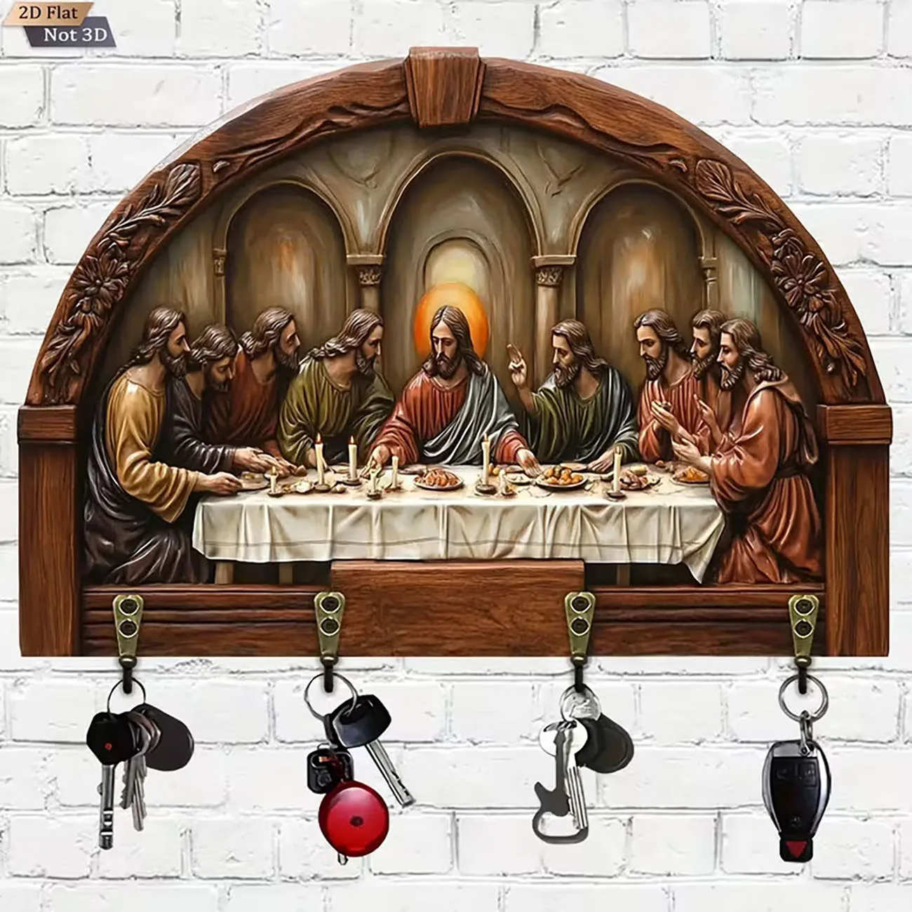 1 wooden multifunctional home key holder, 4 metal hooks, 2D graphic design, wall mounted storage key accessories