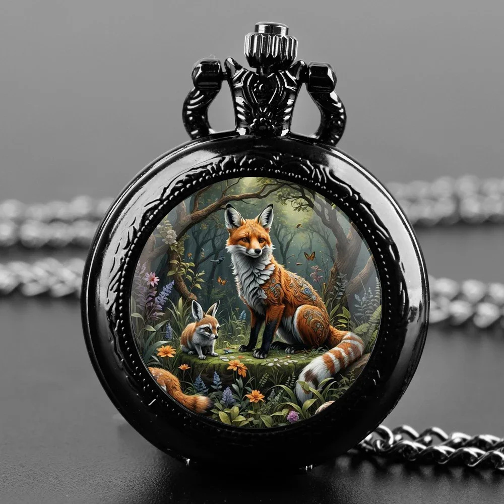 ساعة جيب كوارتز على شكل قبة زجاجية من Fox in the Forest مع سلسلة متينة ومينا أرقام عربية هدايا إبداعية للرجال والنساء والأطفال #1