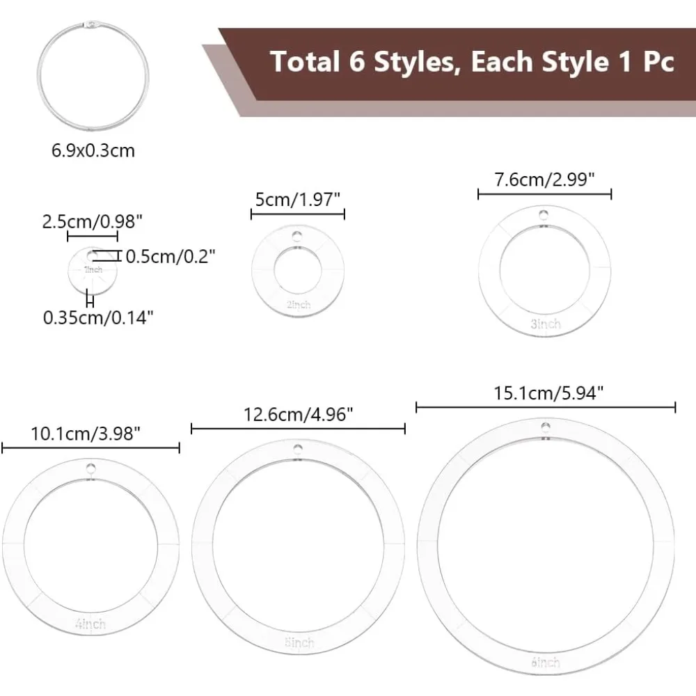 6 Pcs Circle Quilting Acrylic Template 1/2/3/4/5/6 inch Diameter Quilting Templates with Binder Hinged Rings Round Sewing