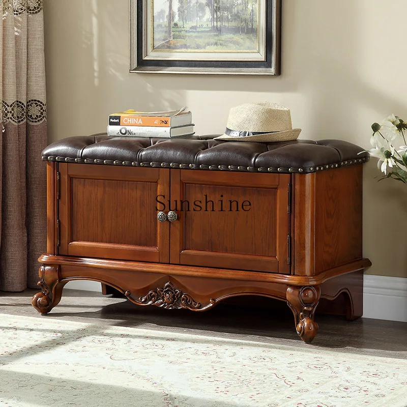 

American all-solid wood shoe changing stool can be seated at the door of household storage storage