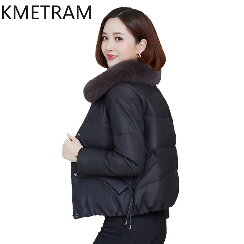 Damska kurtka puchowa ze 100% skóry owczej, krótkie płaszcze puchowe z prawdziwej skóry z kołnierzem z futra lisa, zimowe ubrania damskie 2025, пуховик