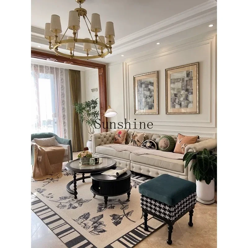

Retro sofa high-end living room solid wood modern straight row leather sofa