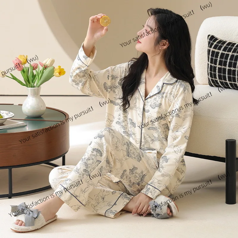 

ZOCI-pure cotton pajamas women's spring and autumn new cardigan long-sleeved trousers simple casual women's suit loungewear
