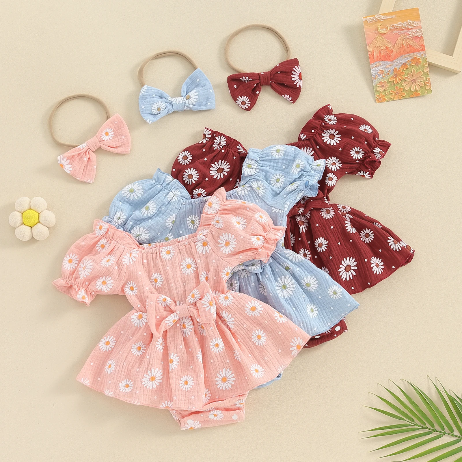 

Cute Baby Girls Summer Floral Romper Dress Short Sleeve Daisy Print Bodysuits with Headband Baby Ruffles Jumpsuits 2024