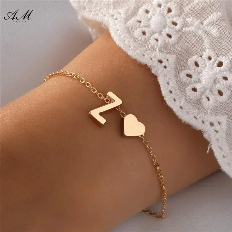 26 English Initial Letter Bracelets for Lovers Women Men DIY Personalized Name Alloy Heart-shaped Bracelets Jewelry Anniversary