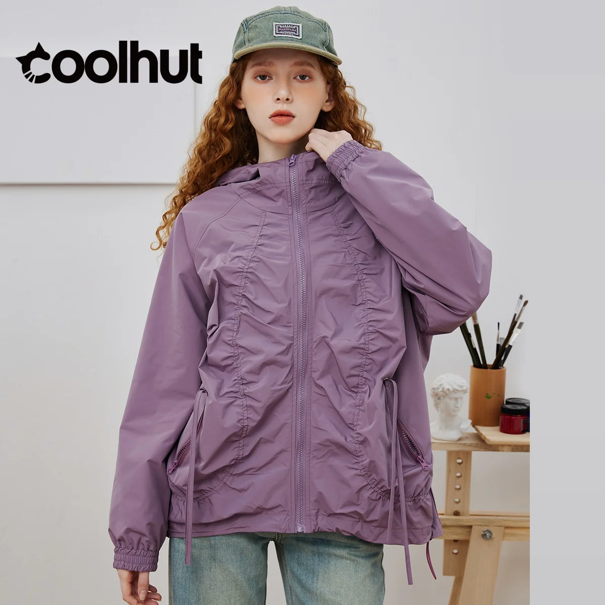 COOLHUT Feminino 2025 Casual Blusão com Capuz Minimalista Plissado Jaqueta Solta com Cordão Leve Casacos de Outono