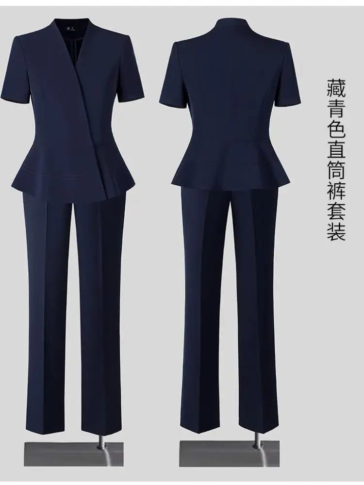 Tuta da lavoro professionale da donna estiva Giacca blazer a maniche corte con scollo a V solido e pantaloni alla caviglia a vita alta Nuovo set da due pezzi